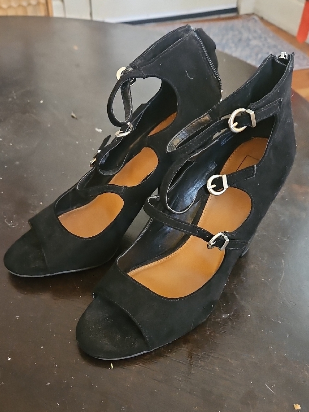 14th & Union Black Suede Strappy Peep-Toe Heels